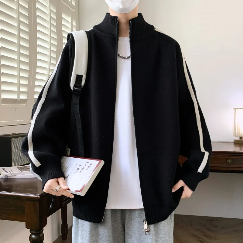 

American Retro Spliced Color Men's Open Cardigan Sweater Loose Lazy Sle Jaet Couple's Faionable Knittedwear