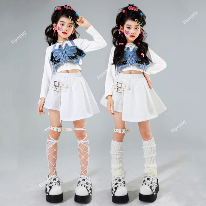 Girls Hip Hop Crop Top Sweet Butterfly Vest White  Pants Kids Mini Skirt Streetwear Children Jazz Street Dance Clothes Sets