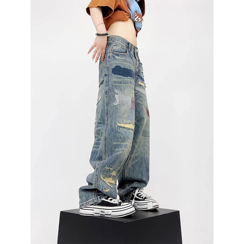 Leisure Fashion Patched Patchwork Design Straight Y2K Pants Men 2024 New Trendy Spring summer American High Street Korean Jeans