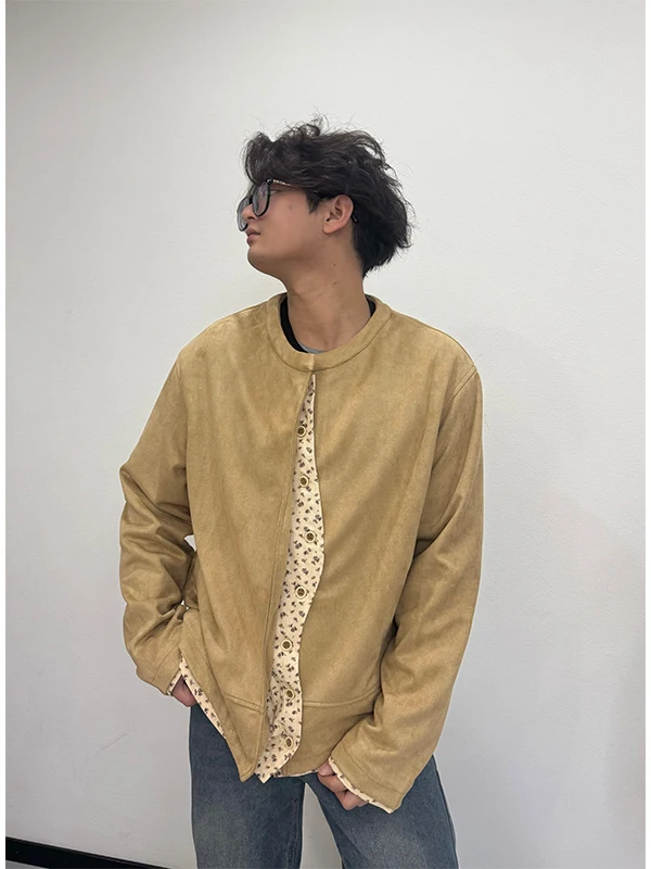 

TANGZ Studio Men's Loose ort Jaet Button round Ne Splicing Design Commute Sle Polyester Fabric Casual Outerwear