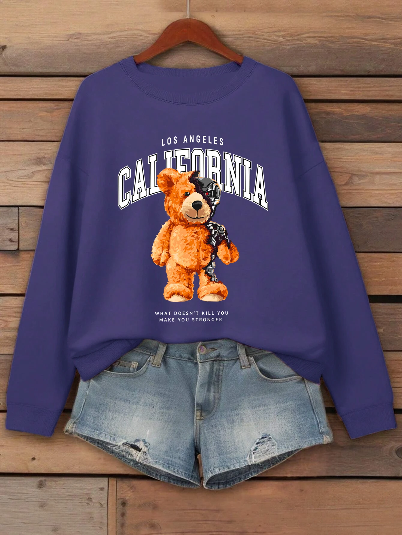 Urso mecânico califórnia carta impressão moletom feminino crewneck jogging roupas casuais solto streetwear outono velo pulôver
