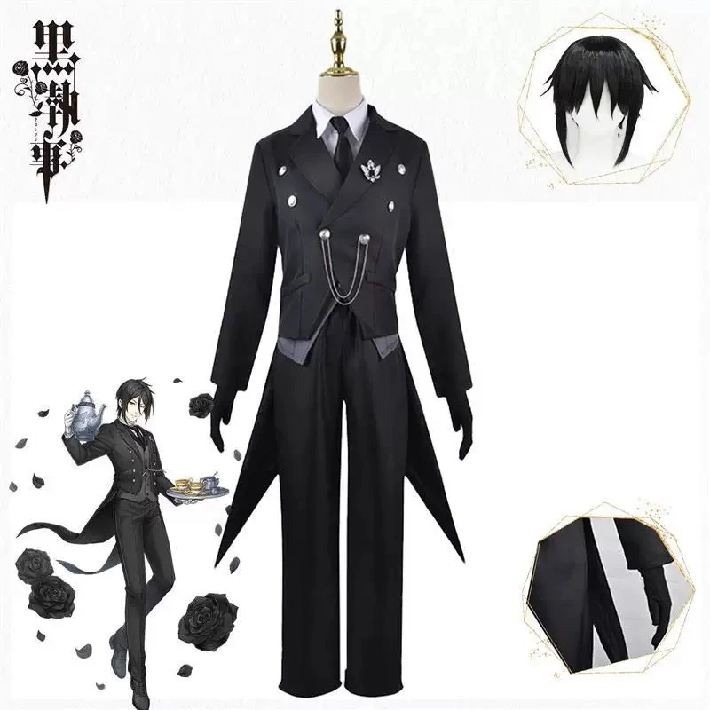 Disfraz de Kuroshitsuji Sebastian Michaelis, traje de mayordomo negro de Anime, uniforme, abrigo de cola, baile de maquillaje, vestido Unisex, vestido de fiesta