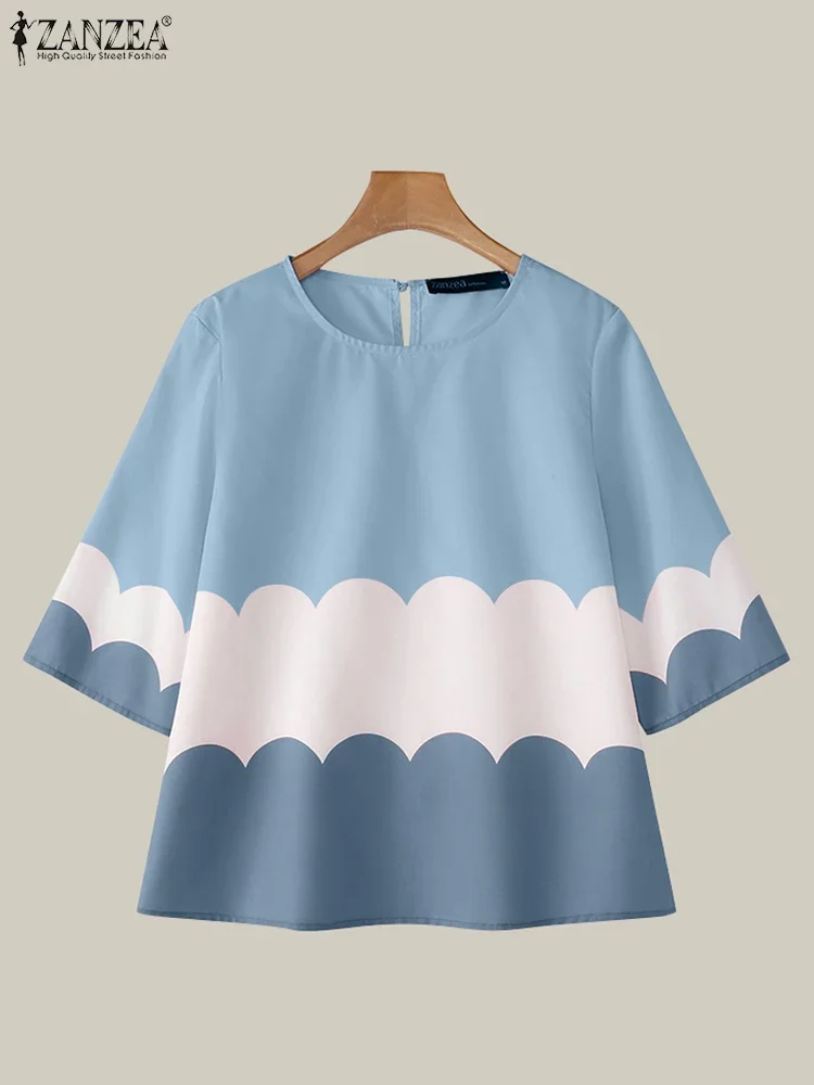 ZANZEA Women Blouses 2025 Fashion Vintage Casual Short Sleeve Colorblock Summer Blusas Tunics Casual O-neck Tops Streetwear
