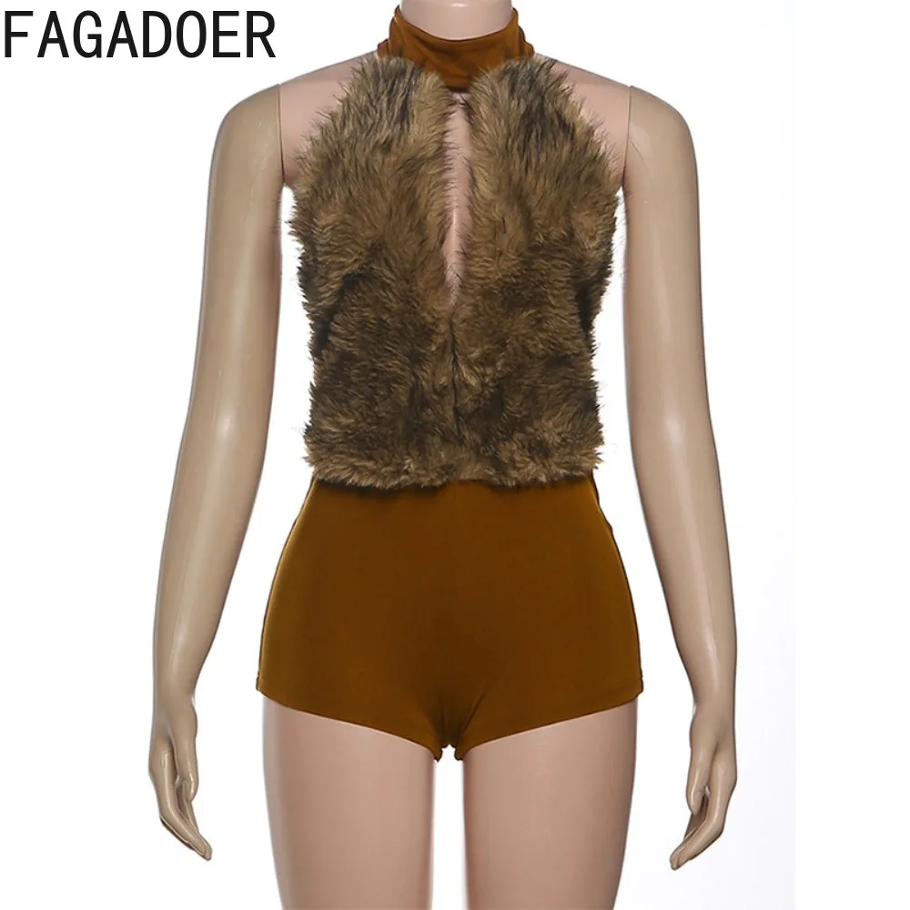 FAGADOER, monos sexis ajustados de retales de piel para mujer, peleles con cuello en V profundo y espalda descubierta, ropa para discoteca para mujer, monos de invierno nuevos