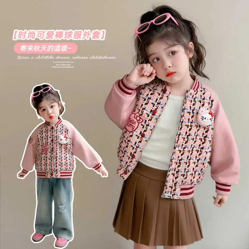 

Cartoon Hello Kitty Girls' Baseball Jacket Autumn New Fashion Kawaii Anime Korean Style Children's Coat Sweet Comfortable Tops
