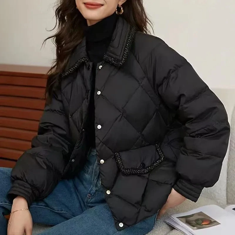 معطف نسائي كاجوال منقوش من القطن من Faionable معطف شتوي دافئ فاخر فضفاض مناسب طويل بأزرار سفلية