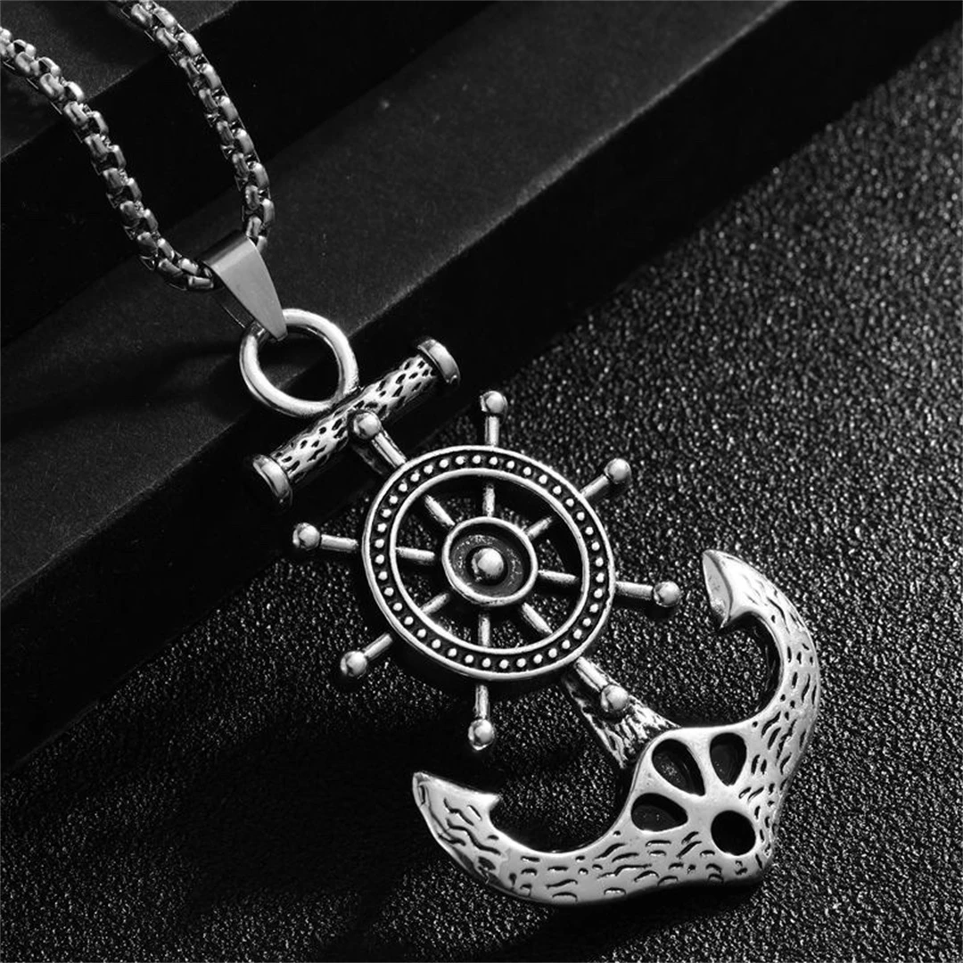 Fashion Vintage Punk Pirate Captain Rudder with Anchor Nautical Charm Pendant Necklace Men\'s Jewelry Gift