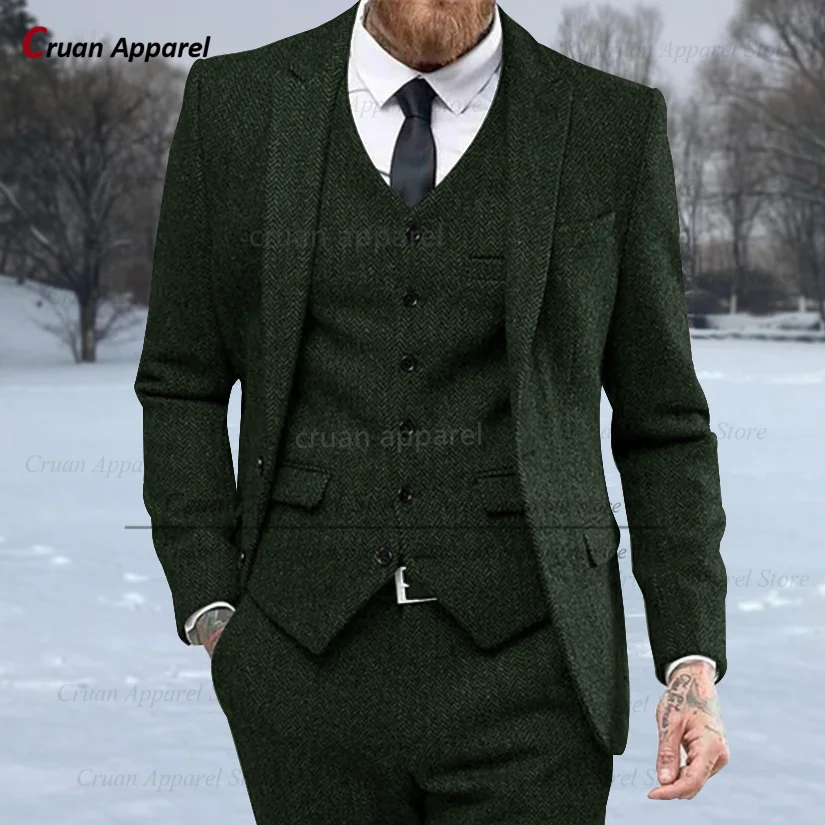 Grey Tweed Suits for Men Slim Fit Formal Herringbone Groom Vintage Wedding Tuxedo Casual Business Jacket Vest Pants 3 Pieces Set