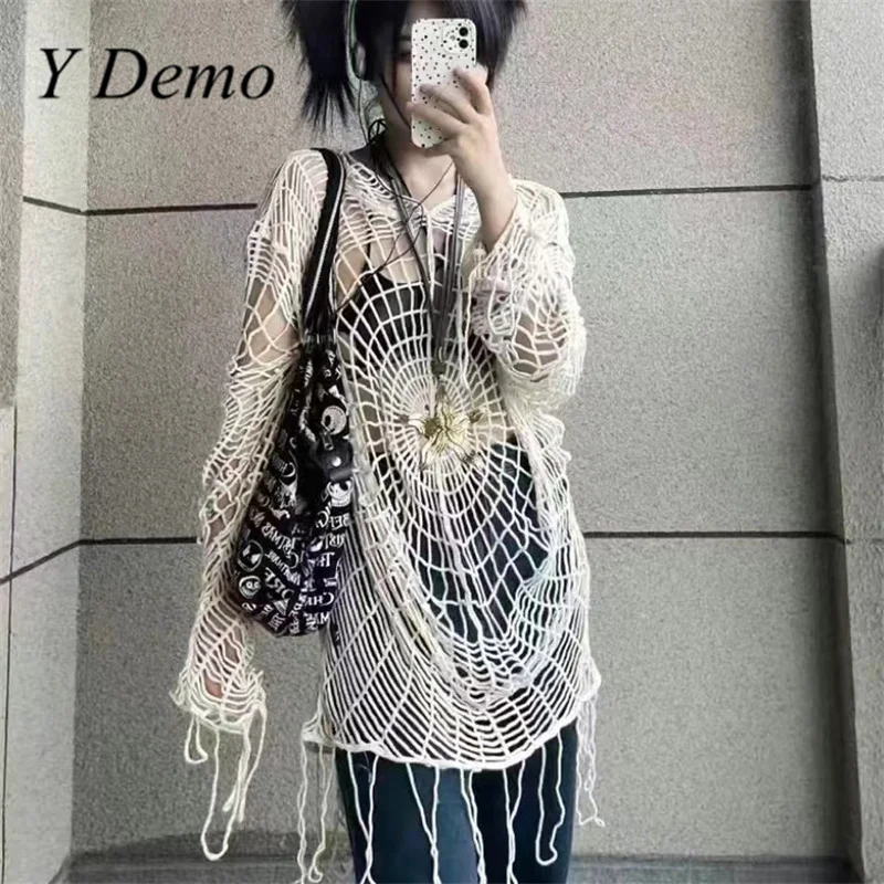 Y Demo Y2k Hollow Out Spider Web Women Hooded Knitted Sweater Loose Grunge Sexy Long Pullover