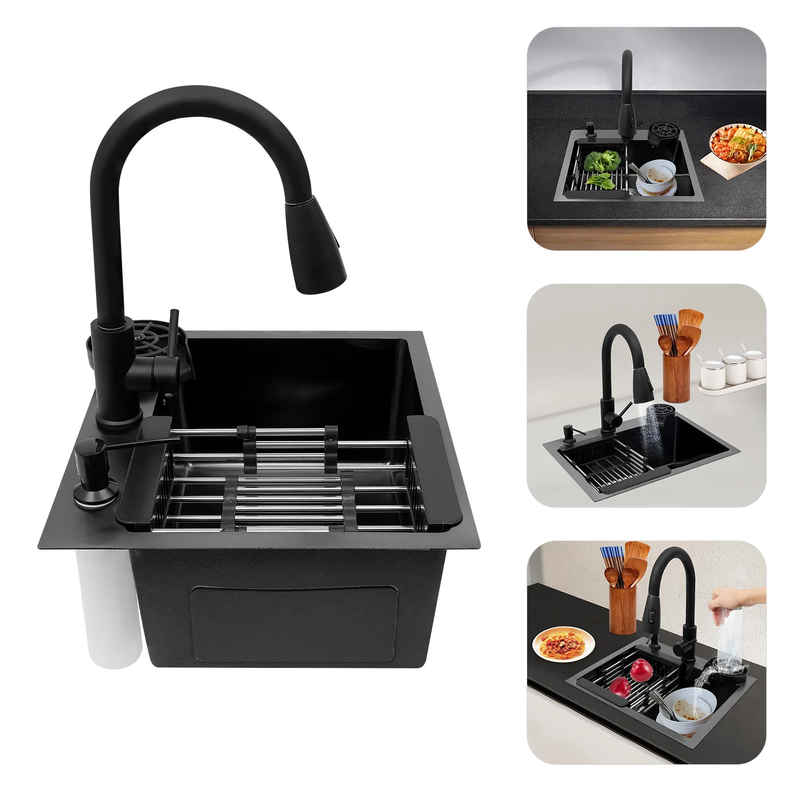 Imagen 4: Fregadero de cocina de acero inoxidable de 40 x 45 cm con grifo retráctil negro, cesta de goteo y dispensador de jabón