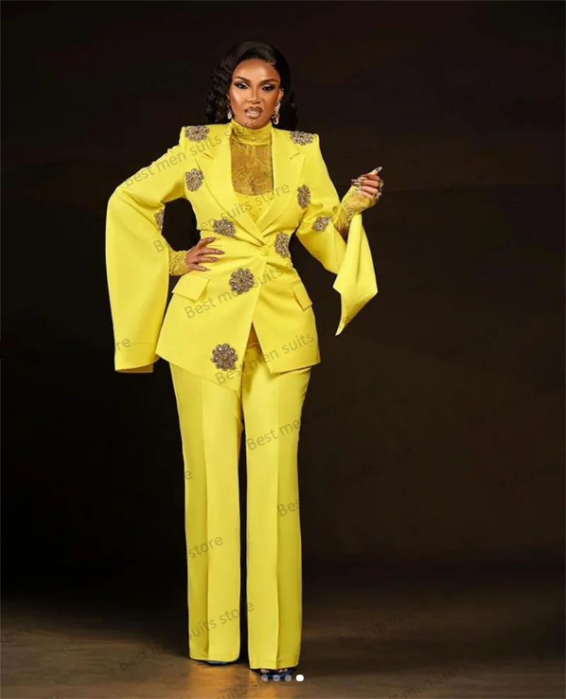 Yellow Crystals Women Suits Set 2 Pieces Formal Office Lady Blazer+Pants Wedding Prom Dress Party Tuxedo Custom Made Coat Jacket