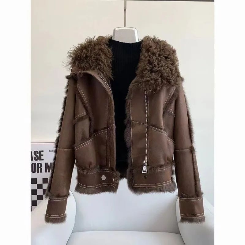 Winter Lambswool Turn Down Collar Velvet Inner Sleeve Furry Faux Leather Integrated Cotton Streetwear PU Parkas Long Sleeve Tops