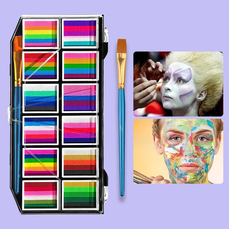 12 Grids Face Body Paint Palette Makeup,Rainbow Split Cake Palette,Water-based Non-Toxic Face Paint For Halloween Festivel Party