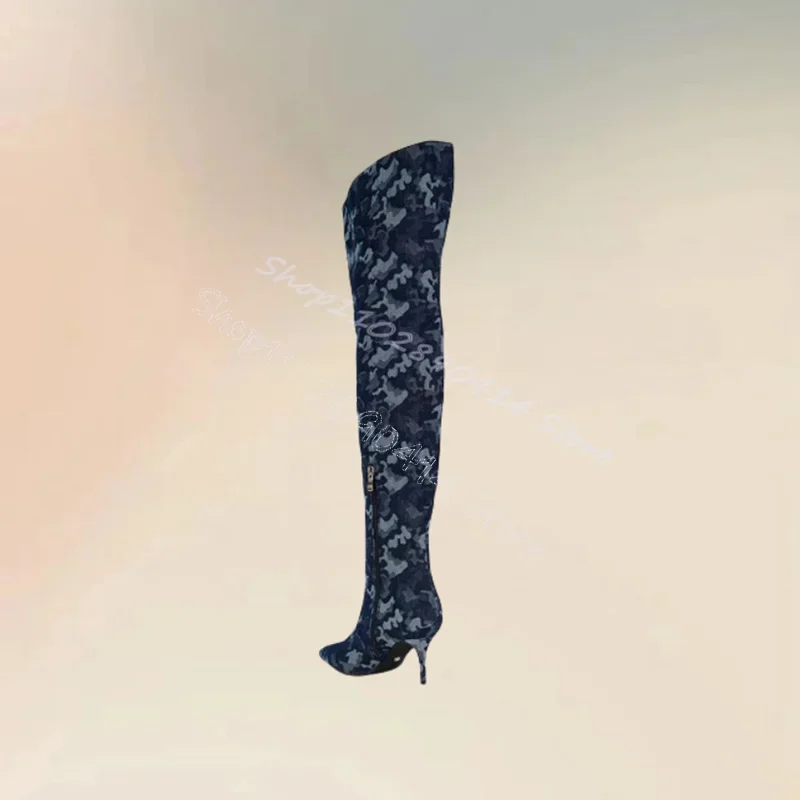 أحذية نسائية بتصميم مموه أزرق بمقدمة مدببة وسحاب جانبي أحذية نسائية بكعب عالي رفيع موضة مأدبة الحفلات 2024 Zapatos Para Mujere