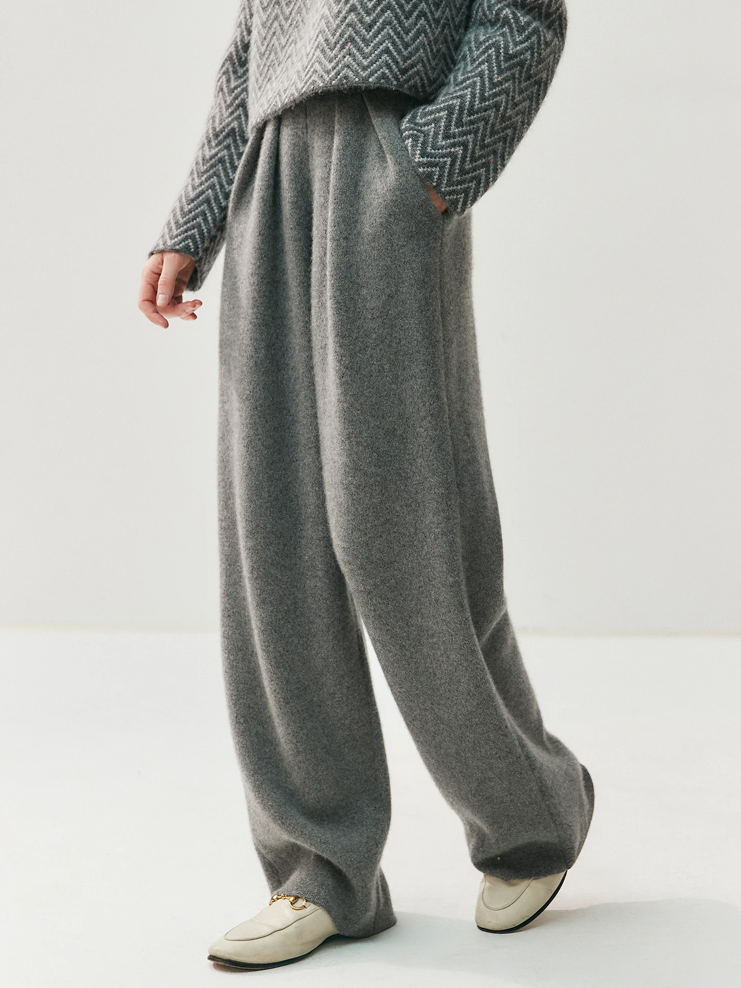 TLOML Women's 100% Cashmere Knitwear Autumn Winter High Waist Pleated Wide Leg Pants Cashmere Casual Comfy Floor Length Trousers