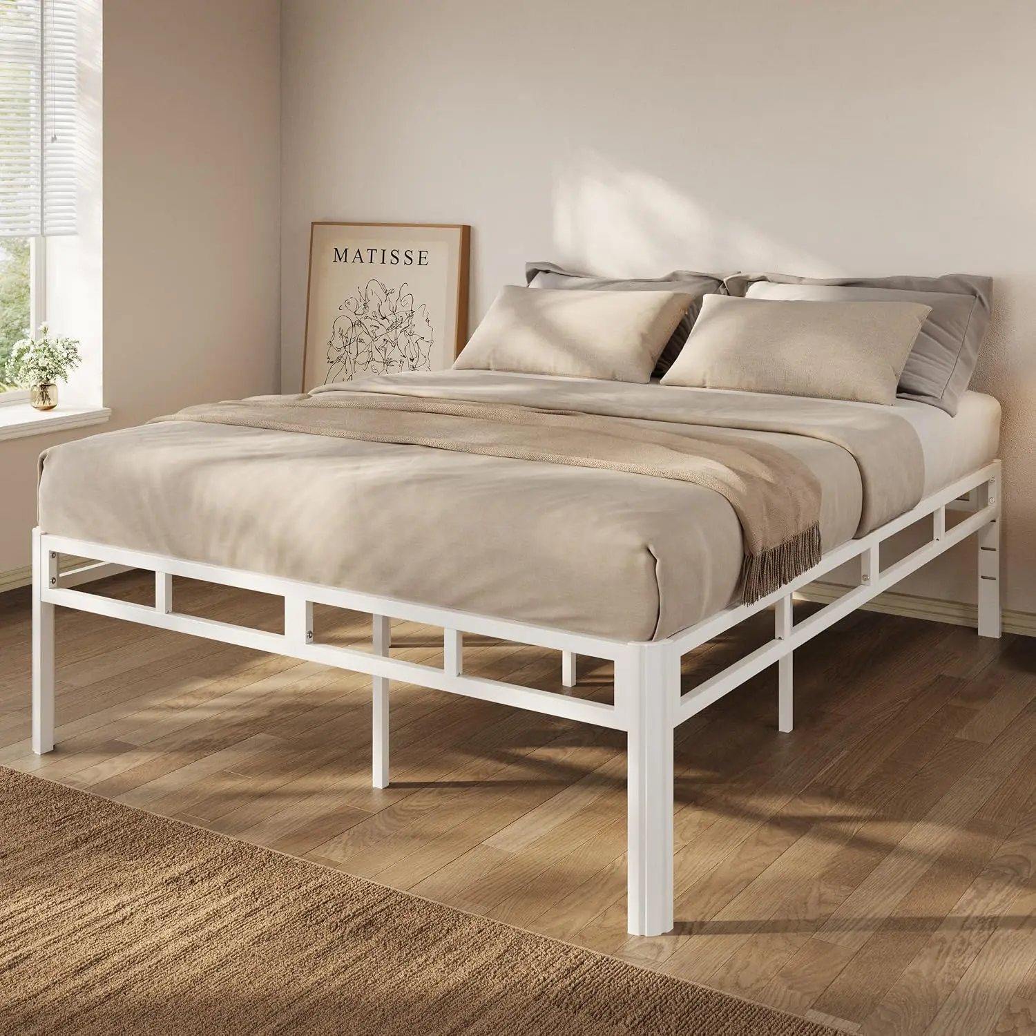 18 Inch Heavy Duty Metal Queen Platform Bed Frame White, Customized
