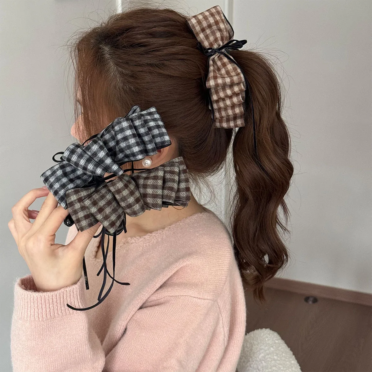 Clip de plátano con lazo a cuadros coreano, nueva horquilla para el pelo de cola de caballo para mujer y niña, atrapa popular, moda líder vintage kpop, nuevo en 2025