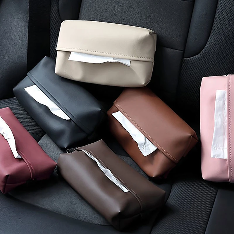 Portable Car Tissue Box Holder Leather Car Center Console Armrest Napkin Box Sun Visor Backseat Tissue Case With Fix Strap