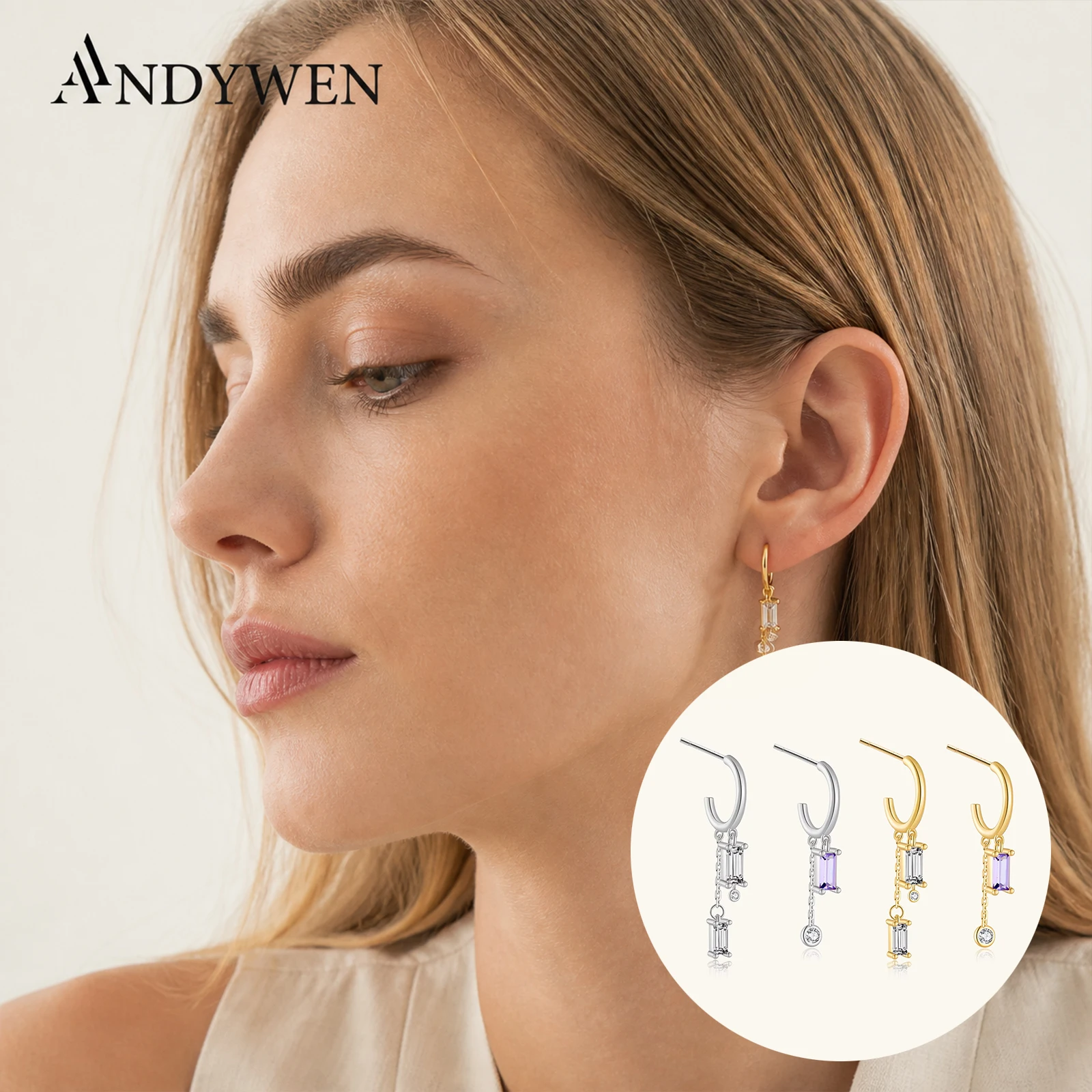 ANDYWEN 925 Sterling Silver Gold Purple Zircon Square Chain Drop Earring Luxury Piercing 2026 Fashion Fine Jewelry