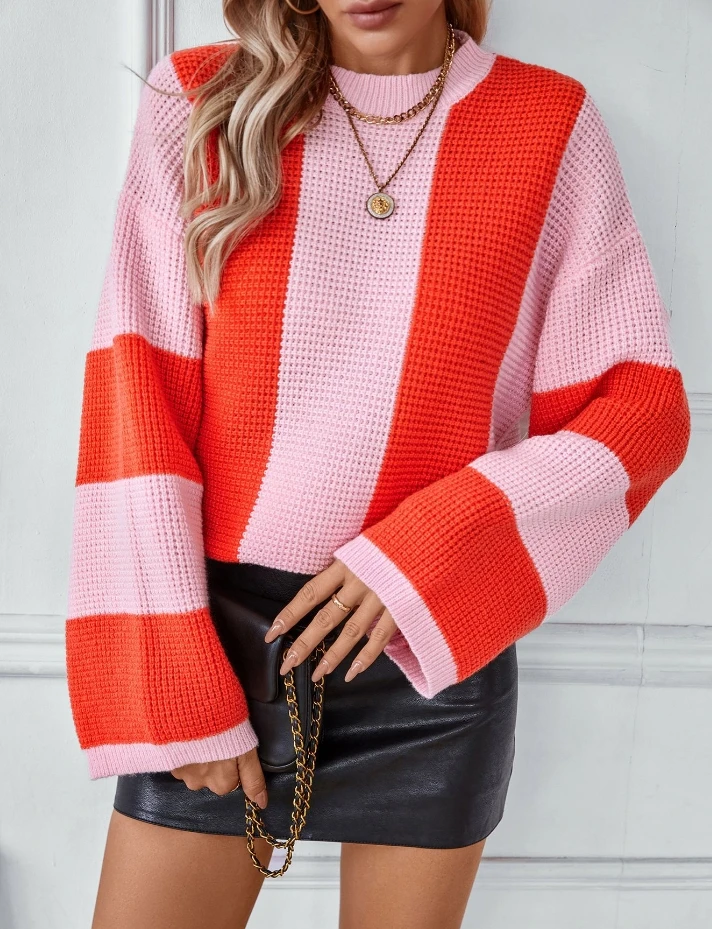 

Street Women's Fashion Striped Knitted Pullover Temperament Commuting Female Clothing Autumn New Casual Loose Sweater for Women