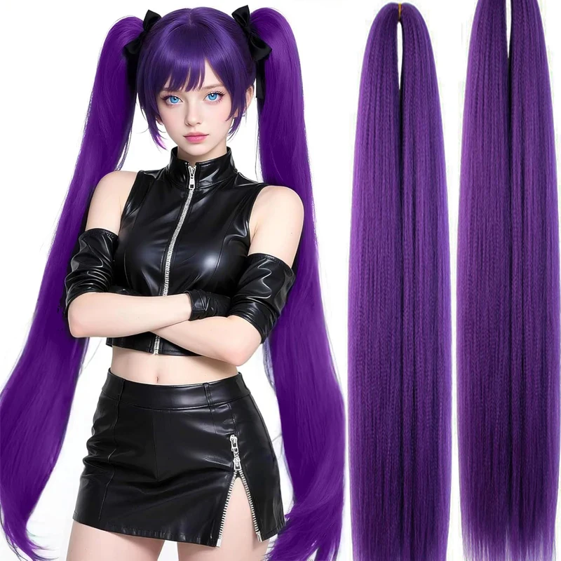 Purple Braiding Hair Extensions Hairpiece Synthetic 18-32inch Pre Stretched EZ Braids for Kids for Christmas&Festival Party Use