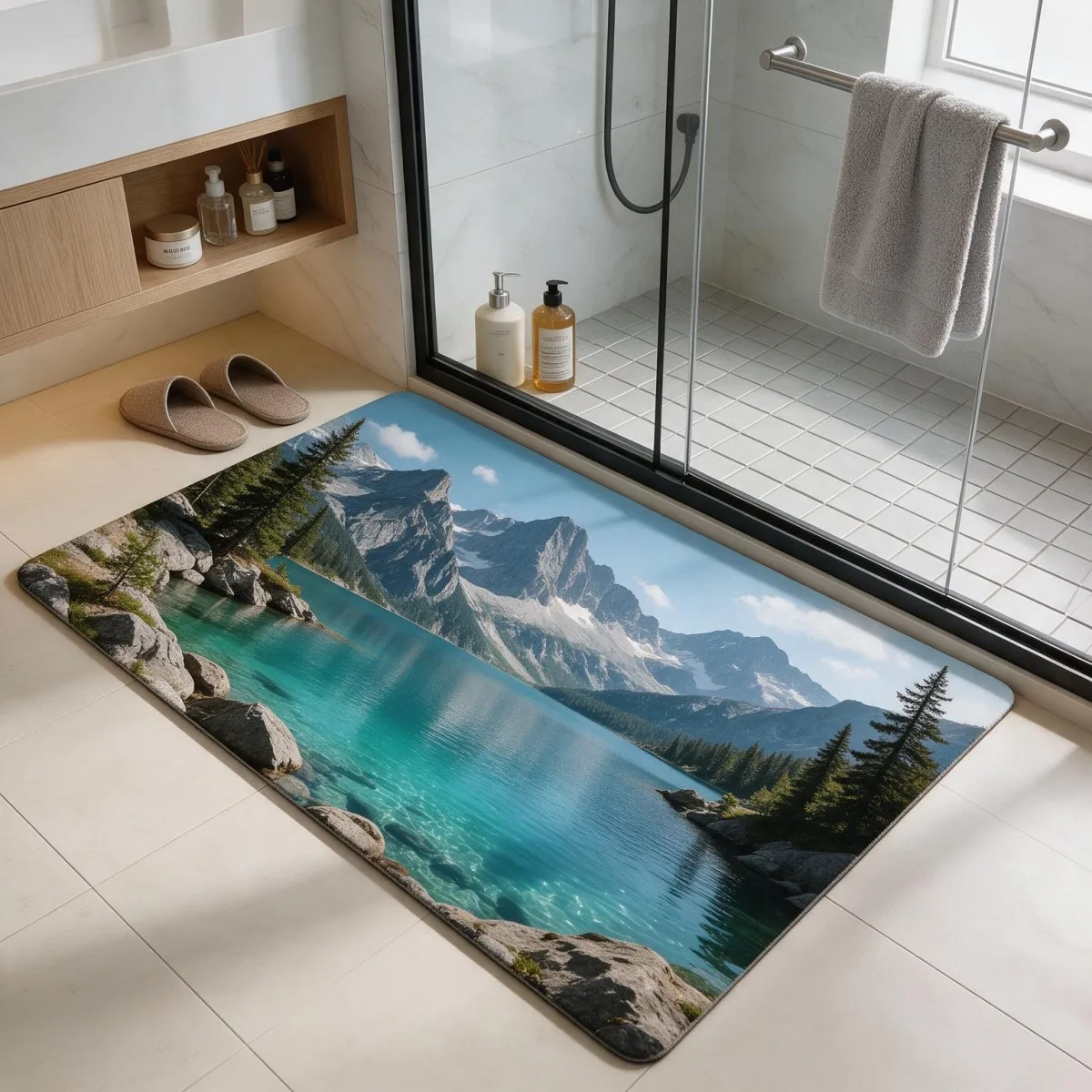 Tappetino da bagno quadrato antiscivolo, realizzato in fango di diatomee, assorbente, con fondo in gomma, ideale per il bagno e l’ingresso.