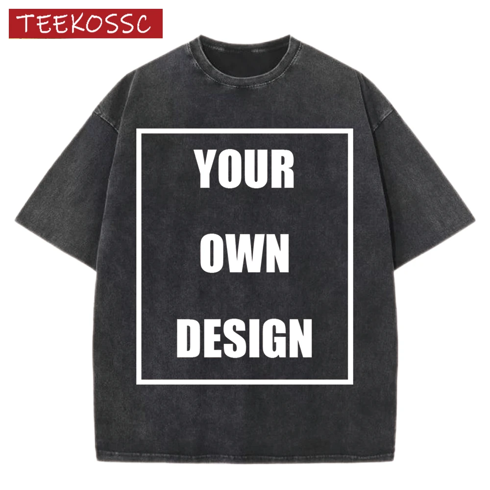 Custom Your Logo Print Summer Cool Snow Wash T-Shirt Cotton Casual Loose Short Sleeve Fashion Retro Tee Soft Couple Streetwear