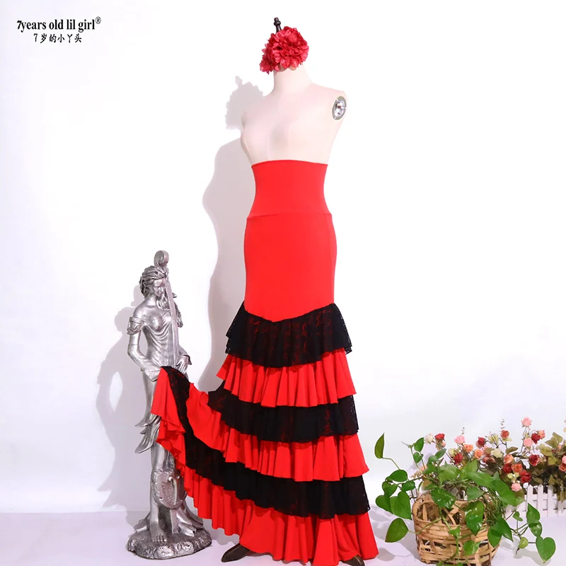 Spanish Flamenco Dance Practice Dress Skirt Multilayer Women Wear Fishtail DTT77