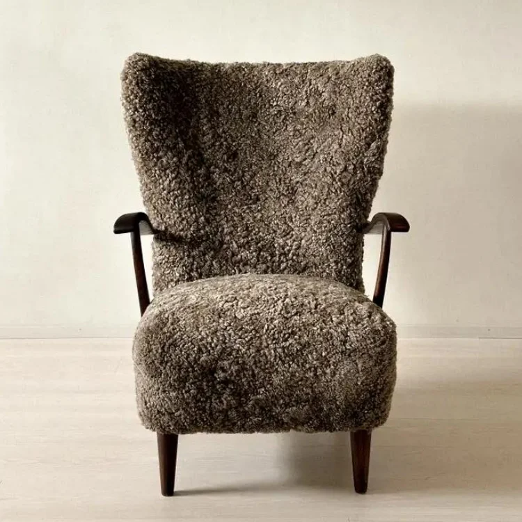 &Custom Mid Century Tufted Sheepskin Shearling Lounge Chair Danish Cabinetmaker Wing Back Chair