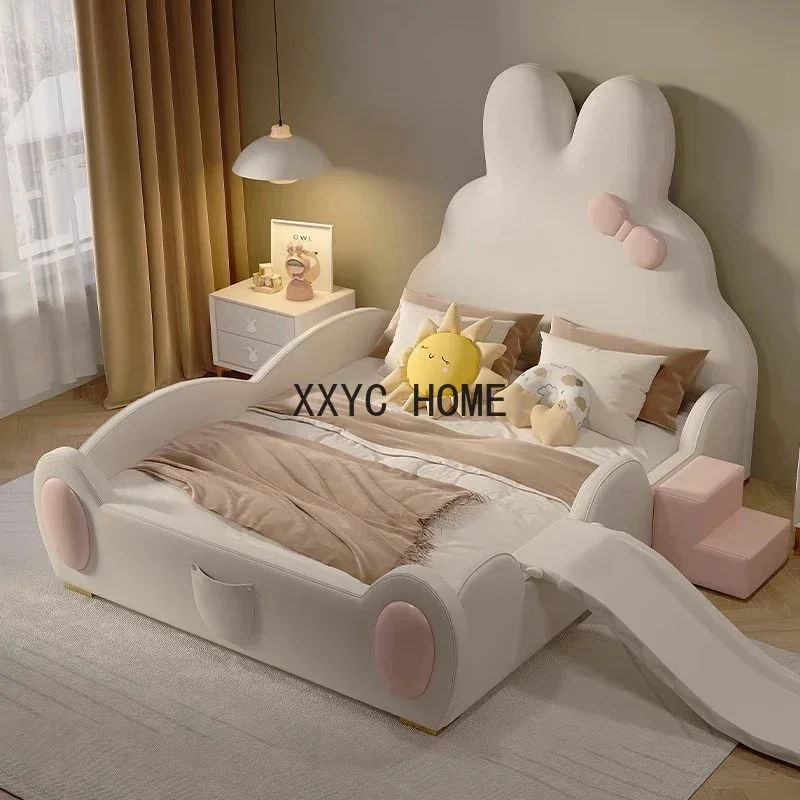 

Kids Girls Bed 1.5m modern simple cartoon bunny children's Pink Princess Single with guardrail solid wood leather bed