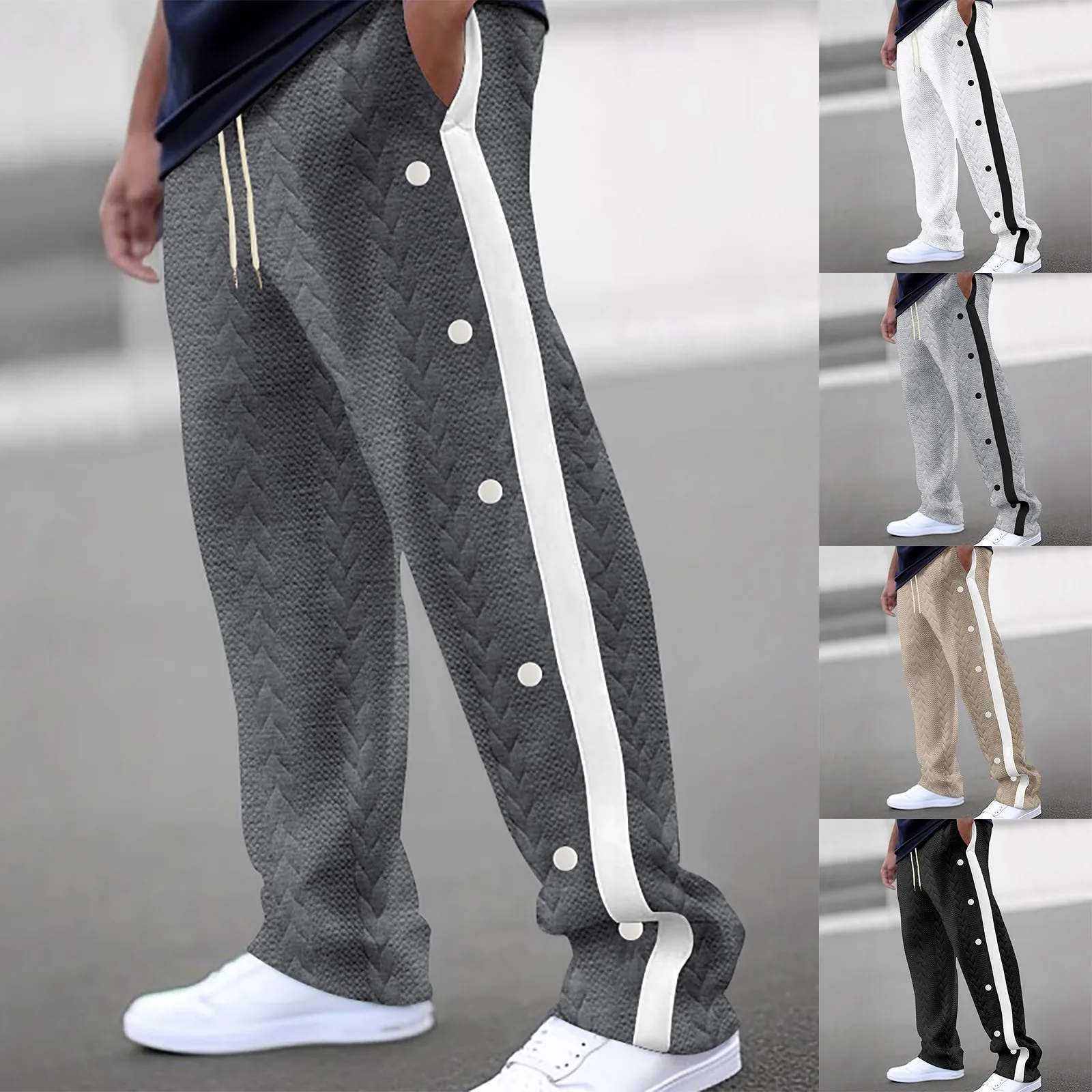 2024 Autumn Winter Men Side Buttons Wide Leg Pants Elastic Waist Male Casual Drawstring Sweatpants Loose Straight Trousers