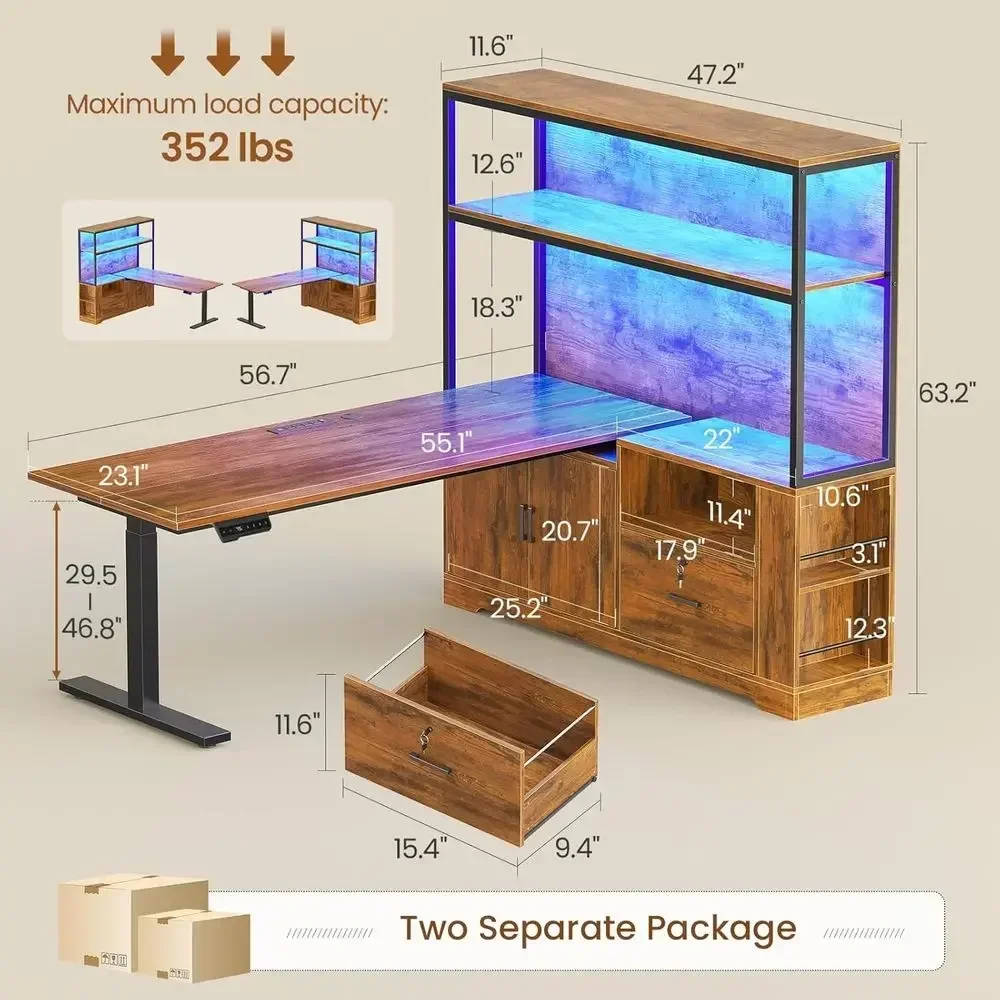 Reversible L-Shaped Standing Desk with Drawers, Hutch, LED Lights, and Power Outlets for Home Office in Rustic Brown