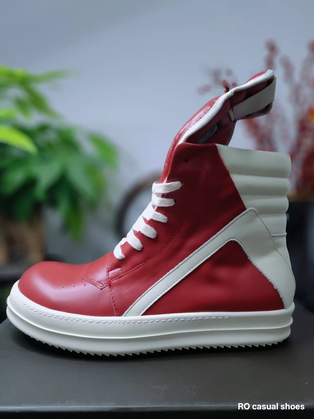 

RO Design Quality Men Shoe Red Leather Ankle Boot Outdoor Boots High Top Casual Shoes Zipper Women Sneaker Flat Cowhide Sneakers