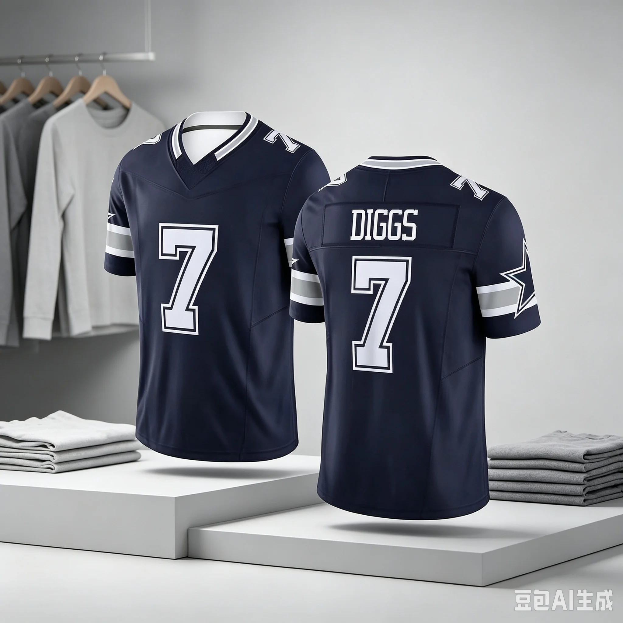 Men #7 Diggs Navy Star Pattern Football Jersey  Number Striped Cuff V Neck Short Sleeve Fan Sports  Family Matching Colthing
