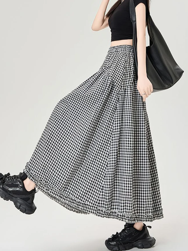 Vintage Plaid Long Skirts Women Loose Y2k High Waist A Line Skirts Japan Retro Casual All Match Black White Plaid Skirt New