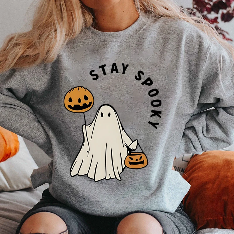 Sudadera con estampado de calabaza y fantasma para mujer, jersey de manga larga con cuello redondo, ropa de talla grande para Halloween