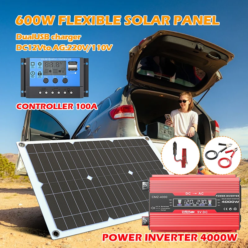 

600W Solar Panel 100A Chargers Controller 4000W Modified Sine Wave Inverter Solars Panels System Power Generation Kit