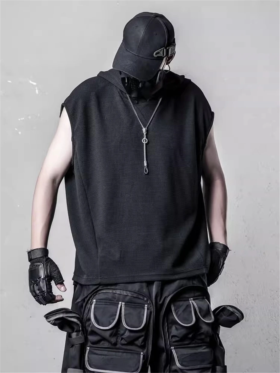 Tactical Hooded Tank Tops Men Streetwear Hip Hop Punk Irregular Tees Tops Oversized Harajuku Function Sleeveless T-shirts Male