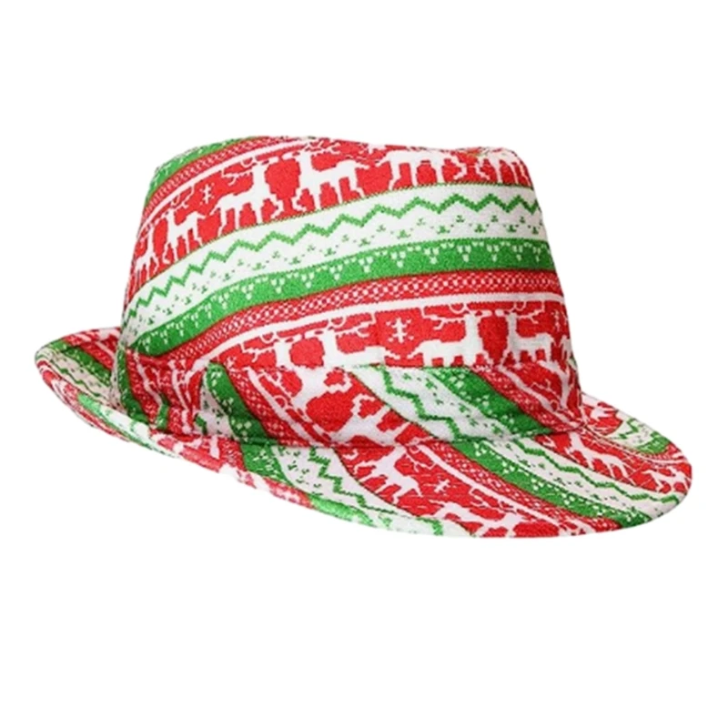 Short Brim Fedora Christmas Reindeer Print Magician Hat for Boy Men Adults Cap