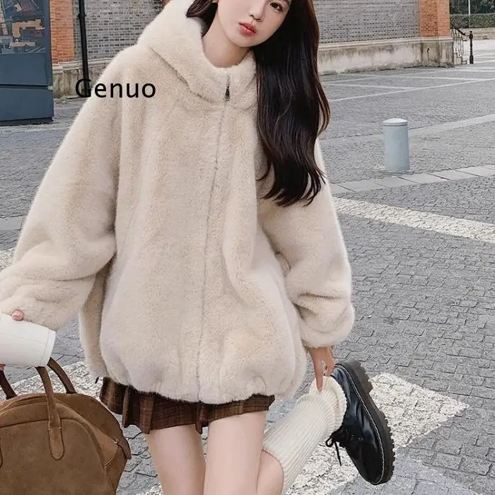 Autumn Winter Women's Pink Hooded Faux Lamb Fur Cotton Padded Coat Petite Thick Warm Faux Fur Jacket