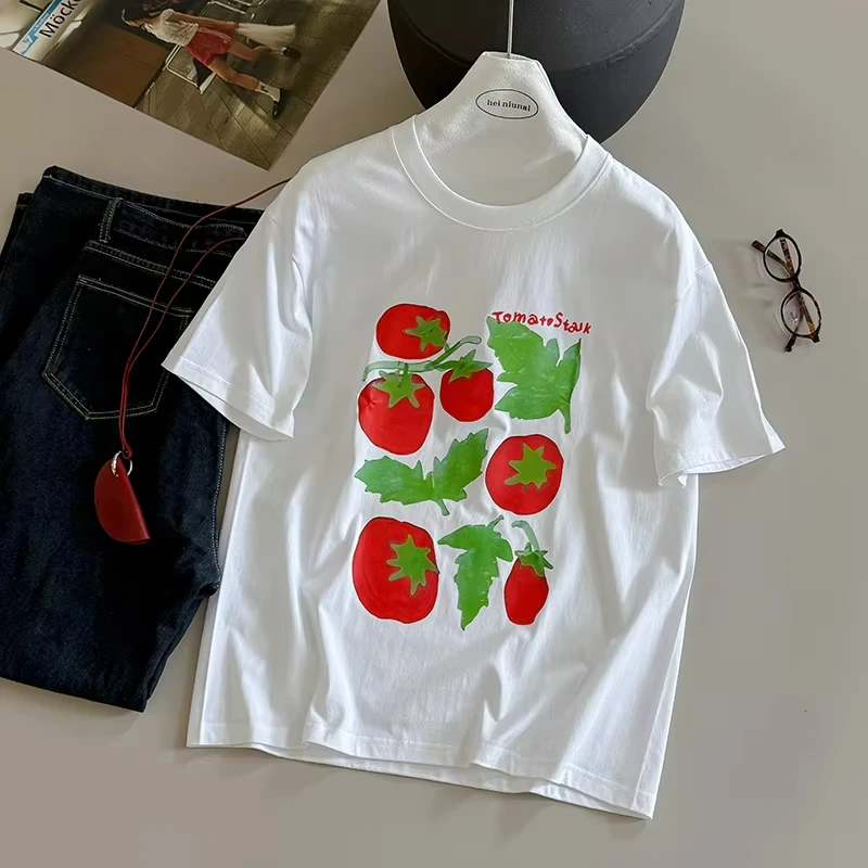 Camiseta con estampado de tomate de estilo coreano para mujer, camisetas holgadas y versátiles Retro de manga corta con cuello redondo, novedad de verano 2025, camisetas informales para mujer