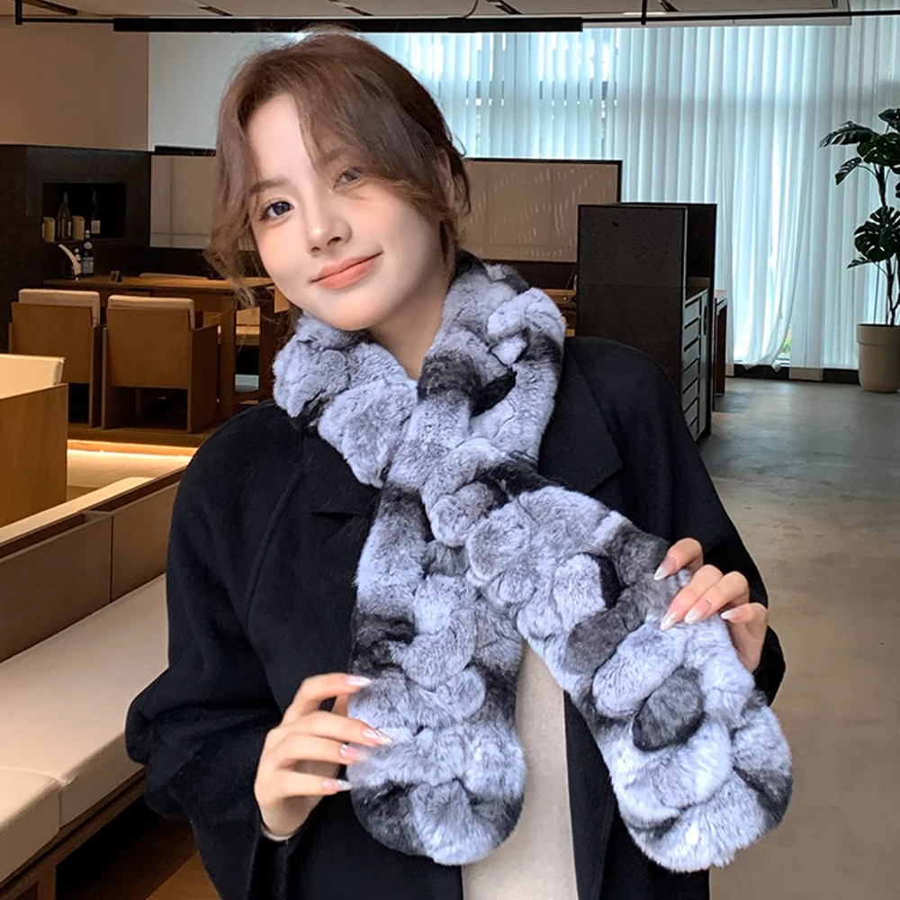 Autumn Lady Genuine Rex Rabbit Fur Scarves Wraps Winter Warm Women Natural Rex Rabbit Fur Accessory Rings Females Neckerchief