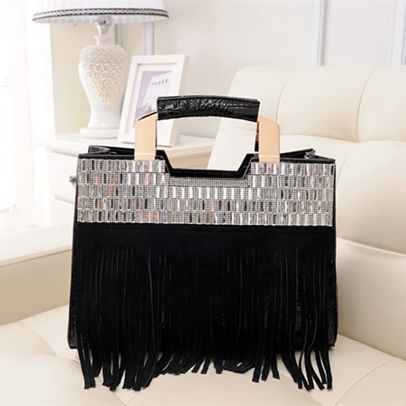 Luxury Fashion Cowhide Leather Women Handbags Tassel Rhinestone Tote Bag Female Shoulder Messenger Portable Bags Tide Black Red