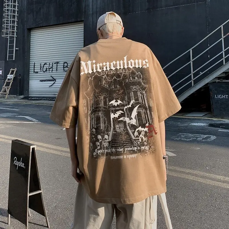 Men Vintage Dark Printed Short Sleeve T Shirt Hip Hop Unique Design Casual Loose Tee Fit Up
