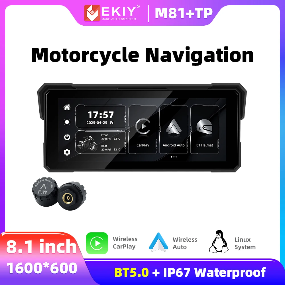 

EKIY 8,1-дюймовый портативный мотоциклетный GPS-навигатор, цифровой Carplay Moto, беспроводной Android, Auto, экран CarPlay для мотоцикла