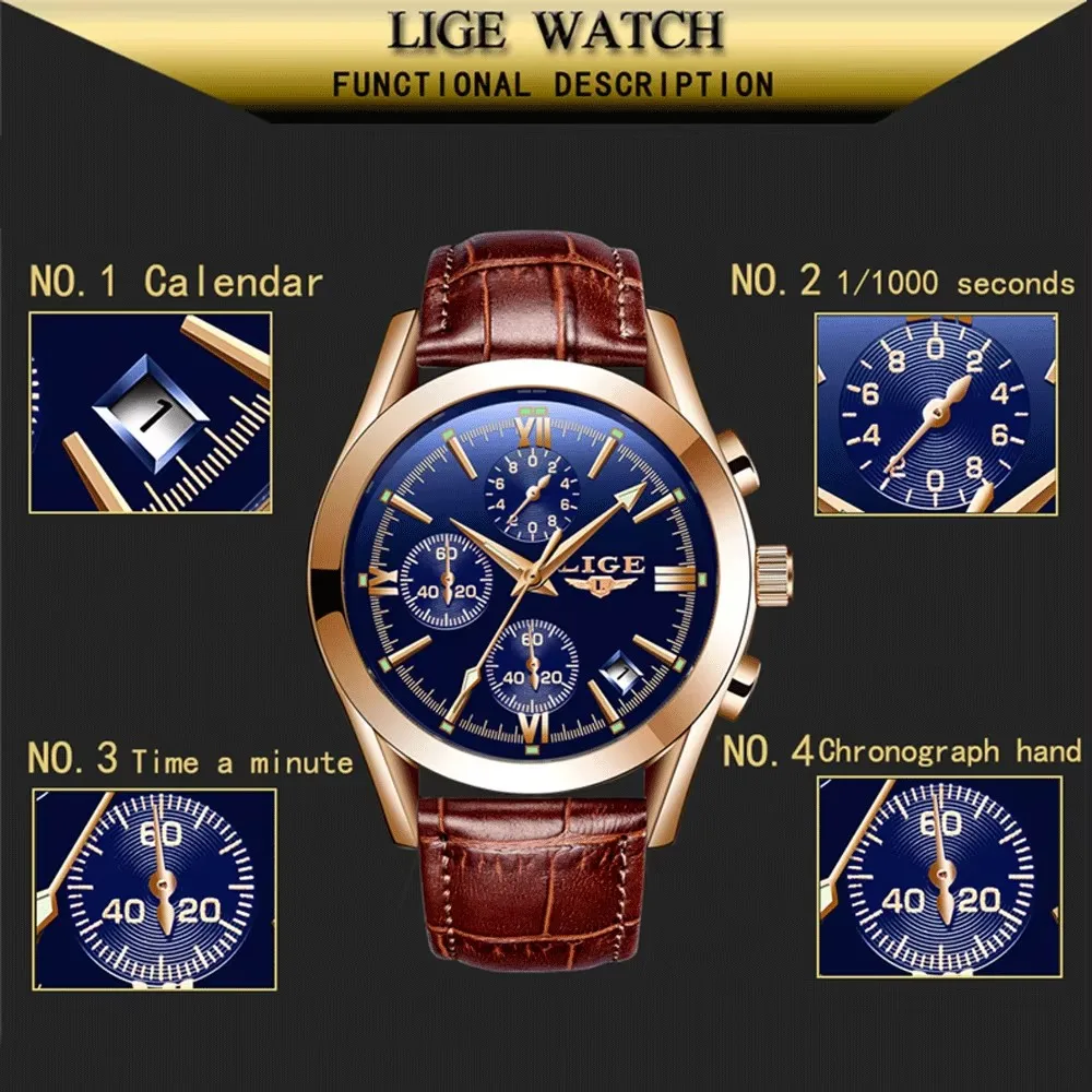ساعة LIGE كوارتز للرجال كرونوغراف متعددة الوظائف مقاومة للماء وحزام جلدي مضيء مقاومة للماء ساعة عمل فاخرة للرجال