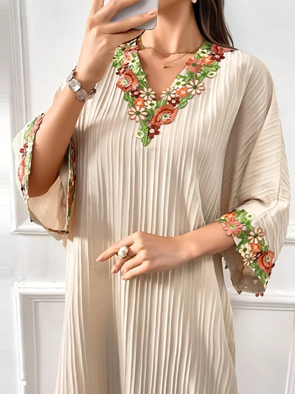 Ele V-ne Batwing Sve Plissee Loose Long Dr Damen Faion Herbst 2025, Polyesterfaser, H-förmig, lässig, Dr