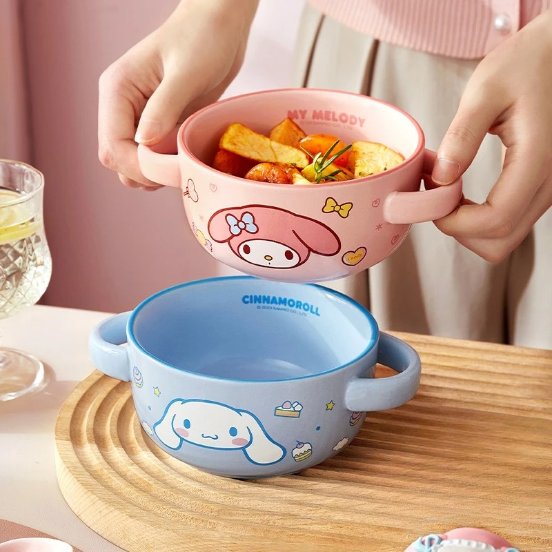 

Hello Kitty Baby Ceramic Bowl with Two Handles Baby Special Breakfast Bowl for Steamed Egg Custard Newborn Supplies Sanrio