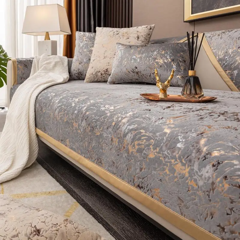 Gilded Pattern Dutch Velvet Sofa Covers Sofas Towel Anti-slip Couch Protector Slipcover Sofa Blanket for Living Room Yellow Edge