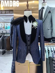 Elegant Man Suit Business Formal 3 Piece Set 2024 Slim Jacket Dress Blazers Coat Pants Trousers Sequin Single Breasted